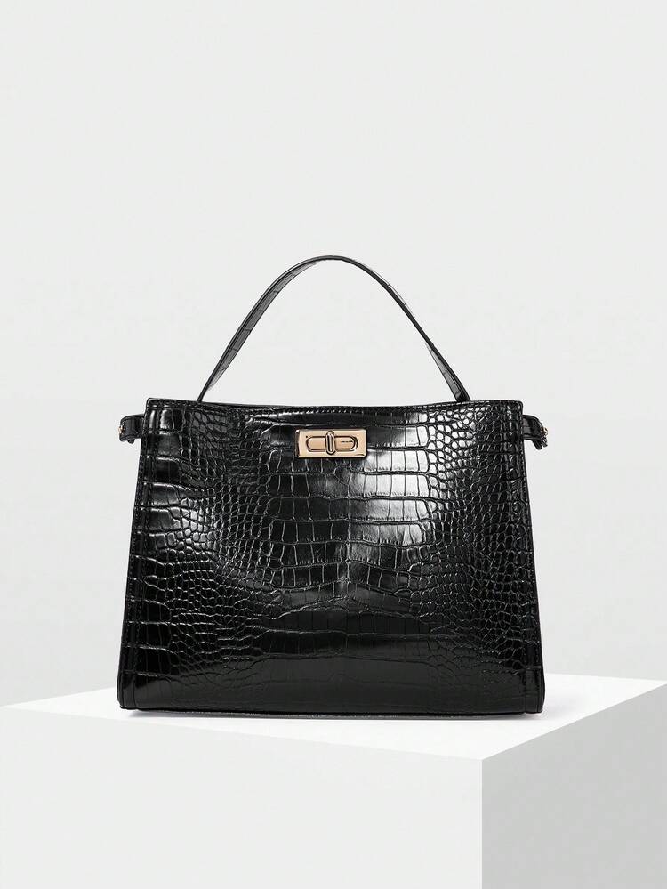CROCODILE PATTERN TURN-LOCK TOP HANDLE BAG