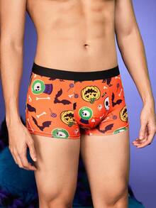 Notgurli Boxers pour hommes à motifs ludiques et mignons pour une fête de famille, avec citrouille d'Halloween, visage de fantôme, toile d'araignée, chauve-souris, chat - Orange - Voir 3