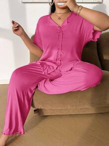 SHEIN Solid Color Bow Decor Knitted Ribbed Long Sleeve & Pants Plus Size Pajama Set Hot Pink Pajama Set Ruffle Pajama Set