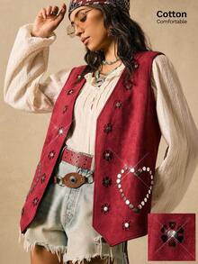 2025 Easelle 红色铆钉上衣，鹿皮绒面料，心形铆钉口袋细节，复古游牧风格，复古红色上衣，铆钉上衣，秋季女装 - 紅木色 - 查看 9