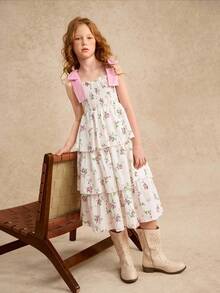 Vestido con estampado floral para niña preadolescente con tirantes de lazo desmontables, elegante para primavera/verano - Beis - Ver 5
