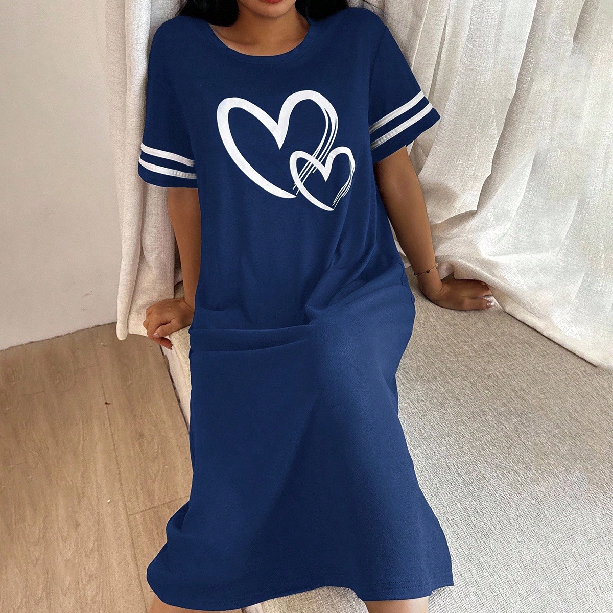 Vestido de dormir de mujer de tela de punto con mangas cortas y diseño casual elegante en azul marino, Camisón tipo "moo moo"