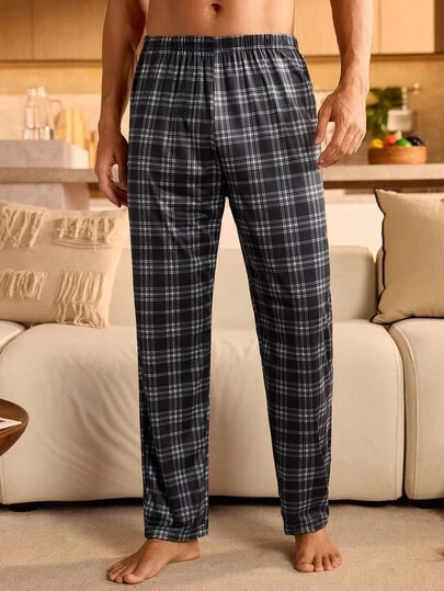 Manfinity Underwear&Sleepwear Basics Men's Basic Multicolor Plaid Knitted Loungewear Pajama Pants, Long Straight Leg Bottoms With Pockets, Winter