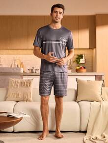 Manfinity Underwear&Sleepwear Basics 男士休闲时尚家居服套装，夏季 - 灰色 - 查看 5