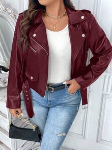 Calvaya 大码纯色简约休闲长袖翻领夹克 - 酒紅色 - 查看 3