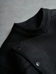 Manfinity EMRG Men's Oblique Button Long Sleeve Jacket, Asymmetrical Button Design Casual Jacket, Recommended Gift For Husband, Boyfriend, Friend, Black Cropped Jacket Men, Black Jacket Men, Fall - Black - View 4