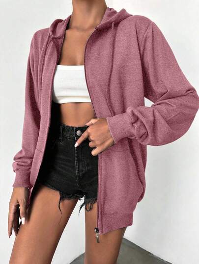 SHEIN Tall Size 100%Cotton Solid Zip Up Drawstring Hoodie