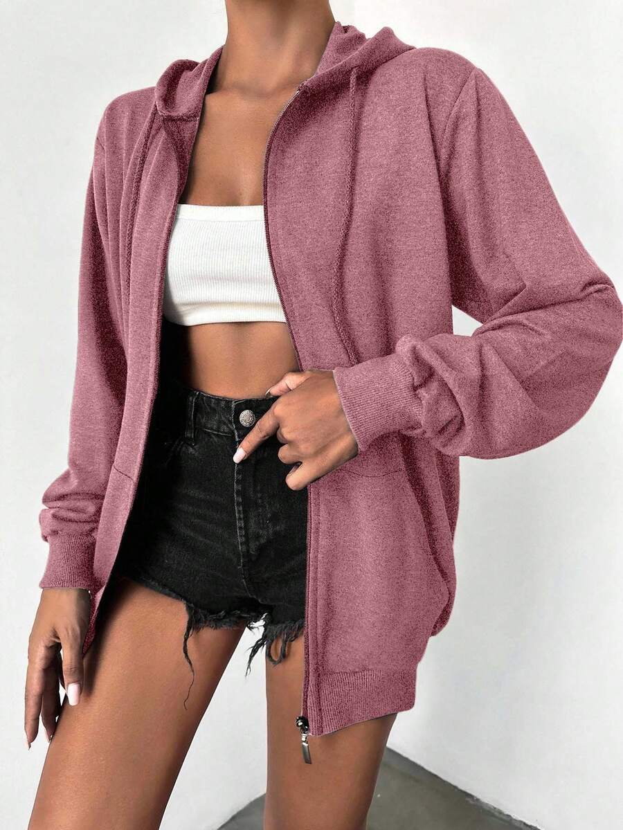 SHEIN Petite Size 100%Cotton Solid Zip Up Drawstring Hoodie - Dusty Pink - View 1