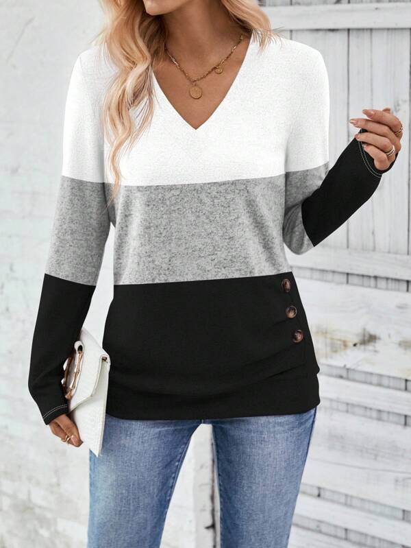 SHEIN LUNE Women Colorblock Button Decor V-Neck Casual Long Sleeve T-Shirt Graphic Tees Women Tops For Spring Outfit Fall Cloth For Women