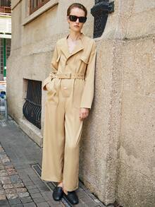 Lumivelle 女式休闲纯色翻盖细节扣带半纽扣连体裤，春秋 - 卡其色 - 查看 6