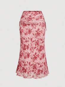 SHEIN MOD 大码女式花卉印花扭纹前开襟喇叭袖上衣和鱼尾裙优雅套装 - 粉色 - 查看 4