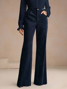 Anewsta 女士海军蓝灯芯绒喇叭裤，铆钉口袋设计，优雅商务休闲风，适合春秋季穿着 - 藏蓝色 - 查看 3