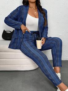 SHEIN Essnce 大码女装秋冬时尚休闲舒适基础日常黑白格子长袖西装外套和紧身裤两件套，女式西装外套套装，工作服，曲线办公室服装，裤子套装，商务休闲女装，老款风格女装，办公室 - 藍色 - 查看 1