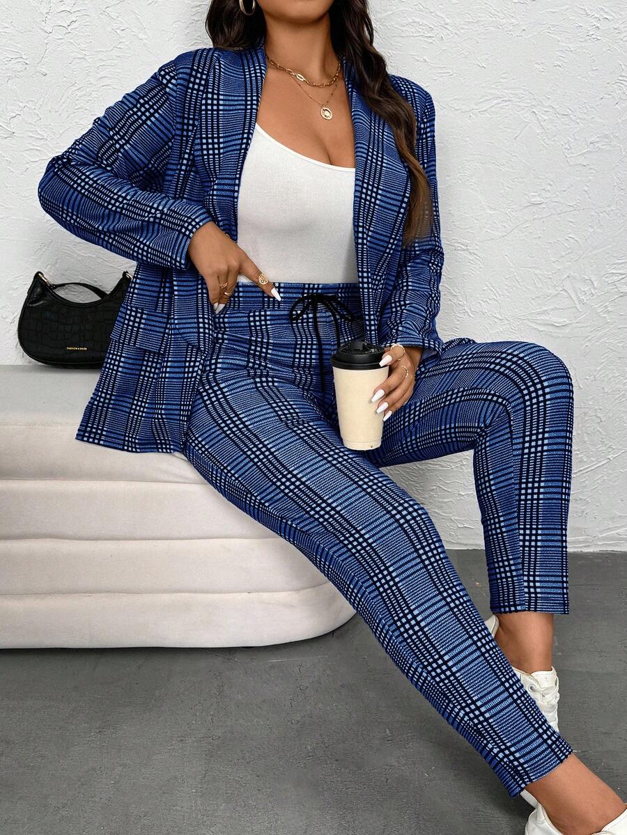SHEIN Essnce 大码女装秋冬时尚休闲舒适基础日常黑白格子长袖西装外套和紧身裤两件套，女式西装外套套装，工作服，曲线办公室服装，裤子套装，商务休闲女装，老款风格女装，办公室 - 藍色 - 查看 1