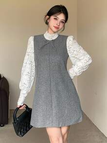 DAZY 女士宽松休闲甜美蝴蝶结装饰无袖连衣裙，秋冬季短款连衣裙 - 灰色 - 查看 3