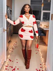BamGleam Bộ áo len nữ ngày lễ tình nhân Love Kiss hình trái tim màu đỏ Cupid Bộ áo len cài nút tương phản Cardigan Nửa chân váy Đơn giản gợi cảm bó sát thường ngày - Đỏ và trắng - Xem 7