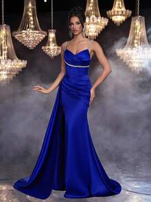 Glamrae Thanh lịch, Lãng mạn, Gợi cảm, Tối giản, Xanh navy, Sa tanh, Trang trí dây kim cương giả, Không dây, Trang trí xếp ly, Ôm sát, Có gọng, Viền đuôi cá, Xẻ tà bên hông, Đuôi tàu, Thời trang, Người có ảnh hưởng, Ngày lễ, Kỳ nghỉ, Tiệc sinh nhật, Đám cưới, Đầm dạ hội trang trọng - Xanh đậm - Xem 7