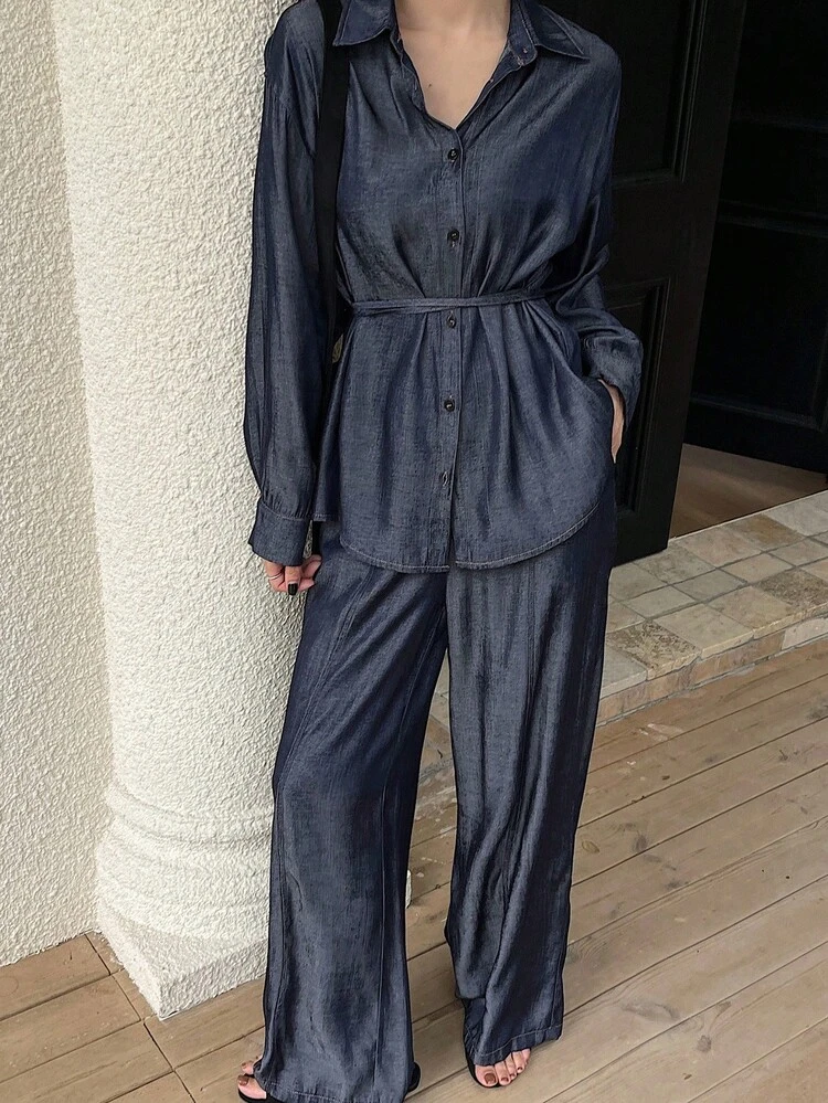 2pcs/Set Women Casual Loose Denim Effect Outfit, Autumn/Winter Lounge Sets For Women