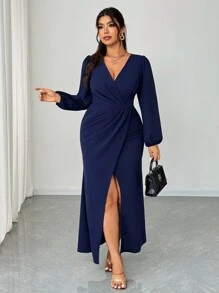 Elenzga Đầm maxi xẻ tà cổ chữ V tay dài thanh lịch cỡ lớn dành cho nữ, thích hợp cho tiệc tùng, tiệc cưới, mùa xuân/thu/đông - Màu xanh hải quân - Xem 4