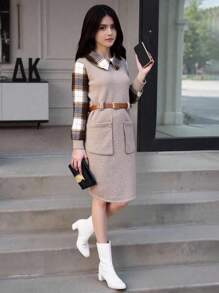 SHEIN 女童纯色和格子拼布长袖连衣裙