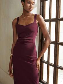 Aveloria Modichic 女士通勤优雅简约心形领口宽肩带设计胸围杯腰部收紧紧身侧开衩纹理面料连衣裙 - 中紫紅色 - 查看 3