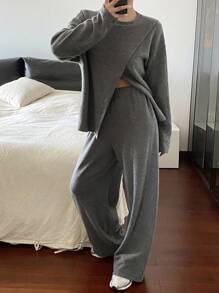 Livesso 女士休闲宽松圆领上衣和阔腿裤两件套 - 灰色 - 查看 4