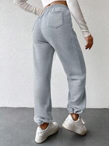 SHEIN Cottnline Ladies' Solid Color Drawstring Waist Sweatpants - Light Grey - View 2