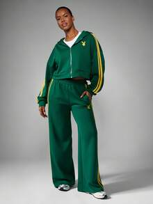 Missguided x Playboy 绿色拉链连帽卫衣，饰以黄色赛车条纹，长袖休闲街头风运动外套，秋冬季运动服 - 綠色 - 查看 3