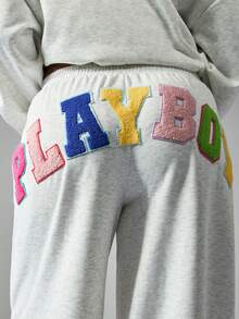 Missguided x Playboy Wide Leg Joggers With Colorful Letter Applique Patches Casual Loungewear Sweatpants For Fall Winter Comfort - Light Grey - View 4