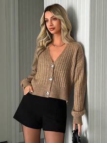 EURMUSE Women'S Solid Color Short Cardigan With Ribbed Texture - Brown - View 6