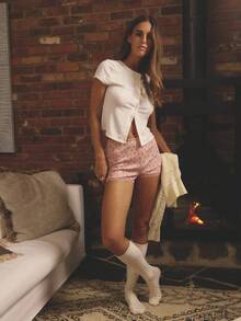 Aralina 女士纯色前扣短袖睡衣上衣 - 白色 - 查看 6