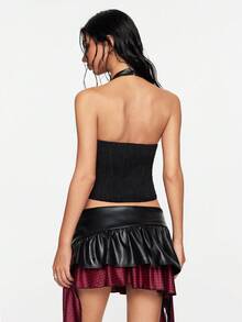 ROMWE Street Life 赛车季街头徽章刺绣 PU 修身挂脖背心（女款）