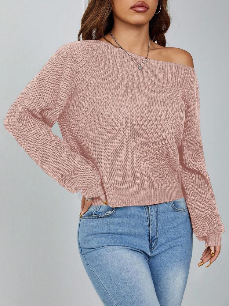 SHEIN PETITE 套头斜肩女毛衣女毛衣一字肩针织衫露肩毛衣毛衣上衣长袖毛衣秋冬 - 藕粉色 - 查看 6
