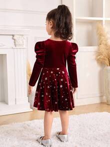 Vestido Elegante de Veludo com Manga Gigot para Meninas Jovens, Vestido de Natal para Meninas com Gola Redonda, Bainha Franzida com Estampa Metalizada de Estrela de Cinco Pontas, Bordô - Vinho - Visão 2