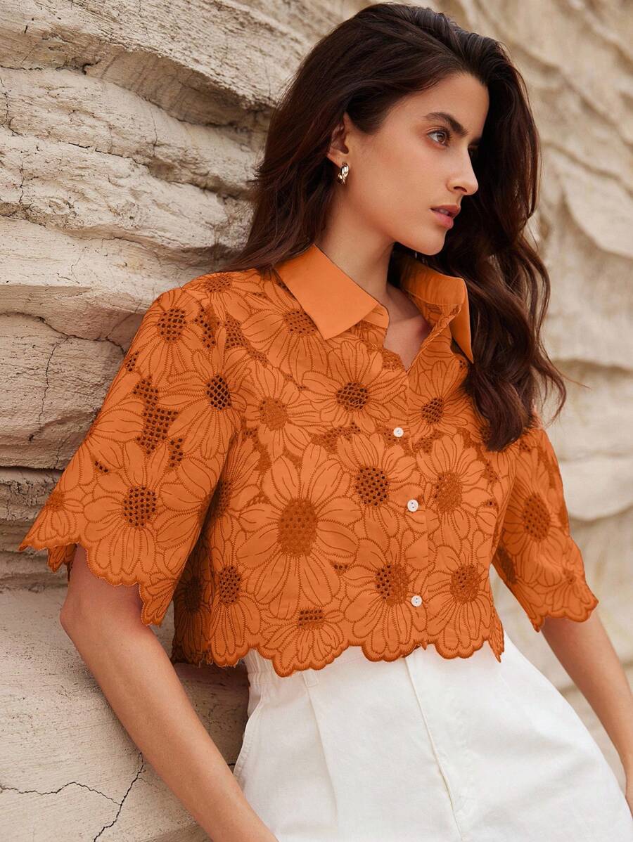 BELROSIE Women's Elegant Hollow Out Embroidered Daisy Random Vacation Shirt All Over Print For Summer Spring Fall Autumn - Orange - View 1