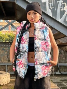 Coolane 女士冬季/秋季街头服饰外出 Y2K 温暖舒适比赛日朋克涂鸦印花背心加厚外套、羽绒背心 - 彩色 - 查看 5
