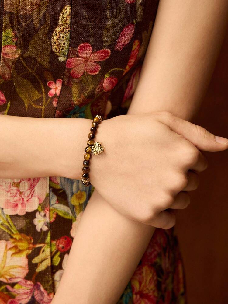 Pulseira Elegante Vintage para Mulheres com Pedra Olho de Tigre Texturizada Banhada a Ouro 18K