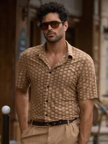 Manfinity VCAY Men's Jacquard Cutout Short Sleeve Shirt - Khaki - View 5