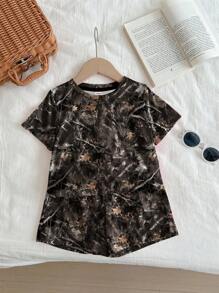 SHEIN 青少年女孩休闲简约短袖上衣和短裤两件套，适合夏季 - 彩色 - 查看 2
