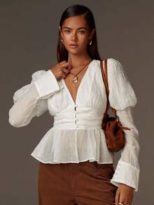 Athîral Women's Solid Color Deep V-Neck Puff Sleeve Button Design Ruffle Hem Elegant Fashion Blouse - White - View 2