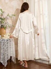 Côtesoire 女士浪漫优雅性感蕾丝拼接缎面镂空开衩睡袍睡衣套装内衣睡袍套装新娘睡袍套装，秋冬服装 - 白色 - 查看 2