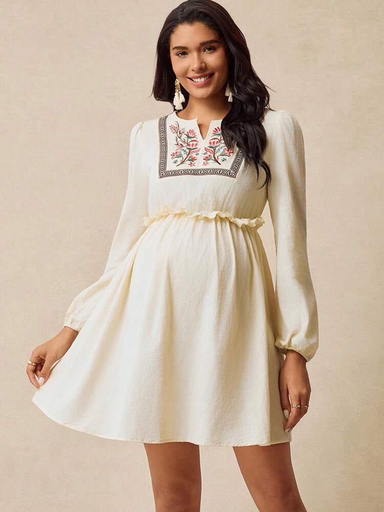 Boho Mama Váy tay đèn lồng thêu hoa thường ngày cho bà bầu, mùa thu - Màu be - Xem 4