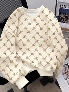 SHEIN 女式休闲全身印花宽松圆领运动衫，秋季 - 卡其色 - 查看 1