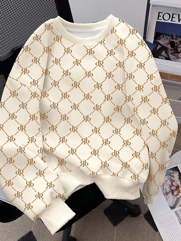 SHEIN 女式休闲全身印花宽松圆领运动衫，秋季