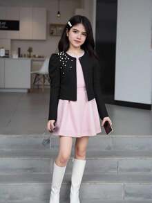 Sparklyn Tween 女童纹理针织面料甜美泡泡袖圆领珍珠缀饰优雅短款长袖夹克