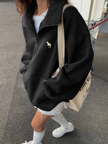 DAZY Color Block Collar Thermal Lined Loose Fit Sweatshirt For Women Fall/Winter Y2k - Black - View 4
