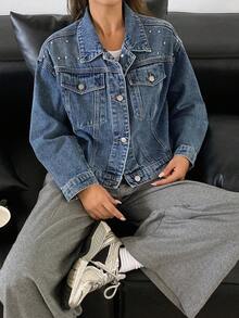 Livesso 秋冬新款宽松休闲厚款缀饰女士牛仔夹克外套 - 藍色 - 查看 5