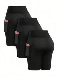 Calvaya 3 件套加大码女式美式 V 腰口袋实用瑜伽短裤，高腰蜜桃臀修身弹力紧身运动跑步短裤，适合夏季 - 黑色 - 查看 2