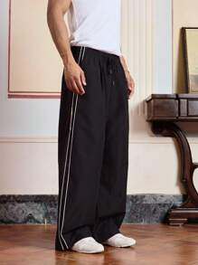 SWAVVY Men's Side Stripe Drawstring Waist Wide Leg Woven Long Pants, For Fall - Black - View 1