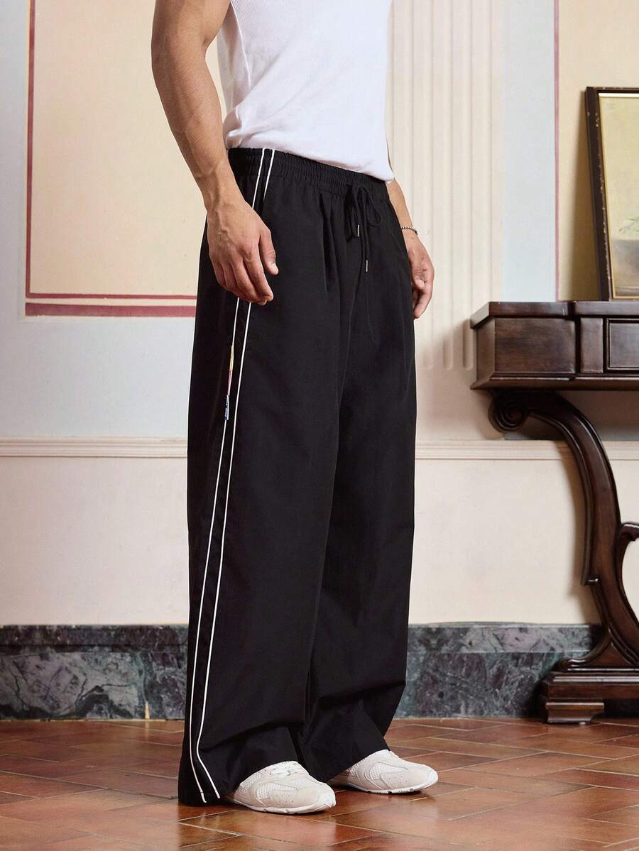 SWAVVY Men's Side Stripe Drawstring Waist Wide Leg Woven Long Pants, For Fall - Black - View 1